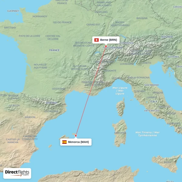 Berne - Menorca direct flight map