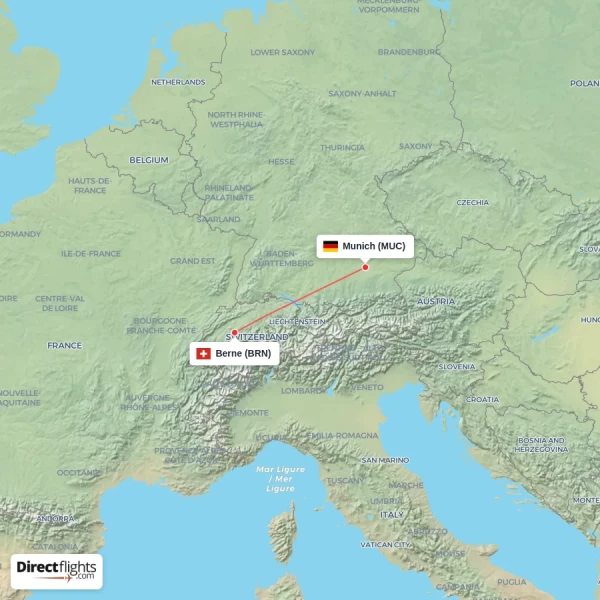 Berne - Munich direct flight map