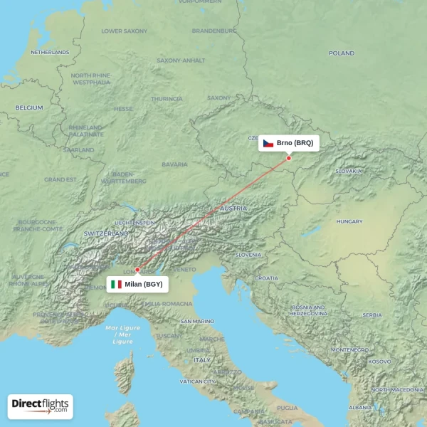 Brno - Milan direct flight map