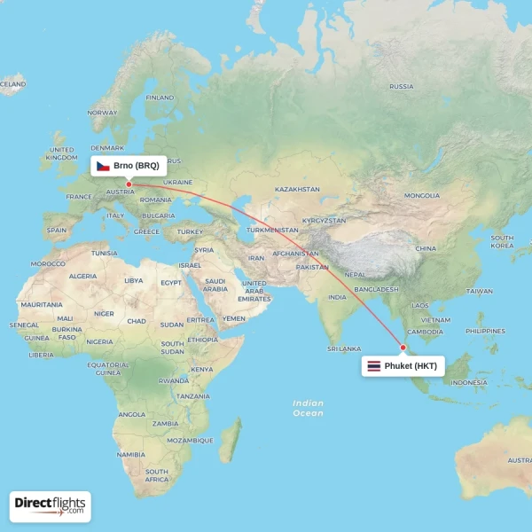 Brno - Phuket direct flight map