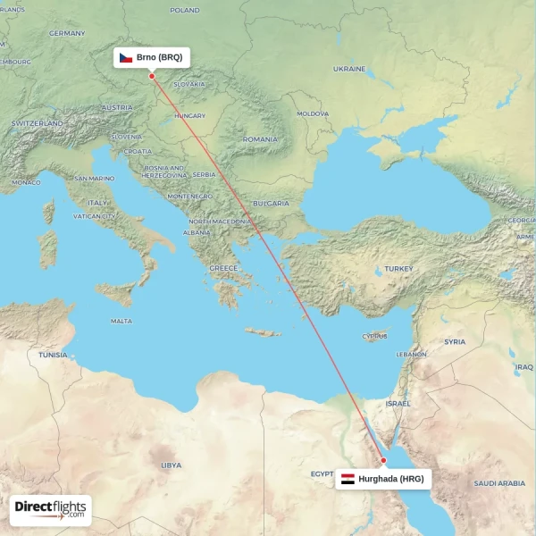 Brno - Hurghada direct flight map