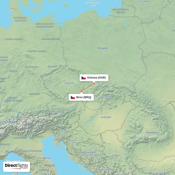 Brno - Ostrava direct flight map