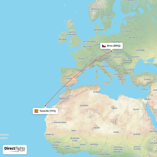 Brno - Tenerife direct flight map
