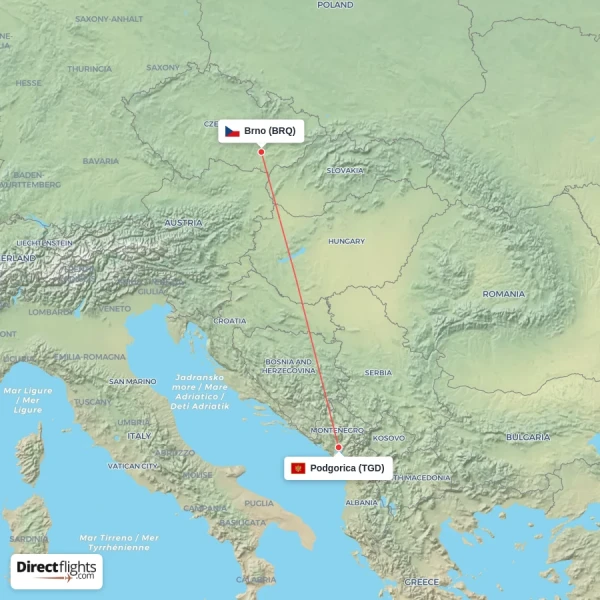 Brno - Podgorica direct flight map