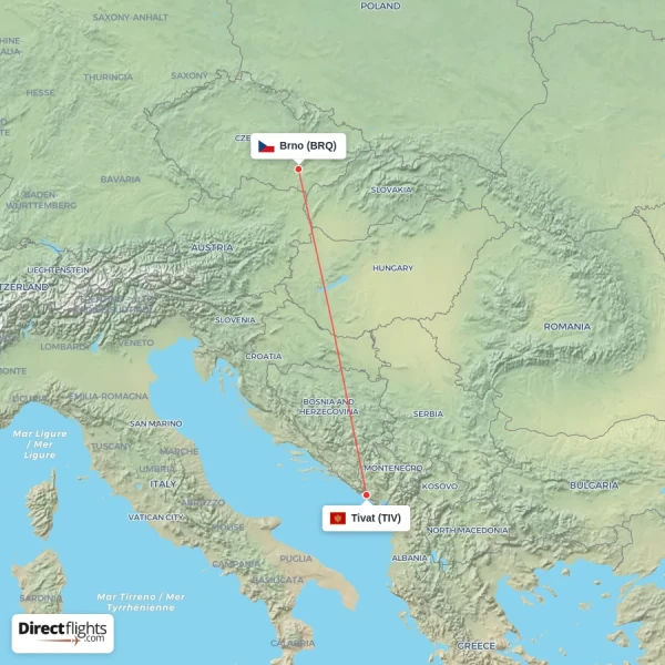 Brno - Tivat direct flight map