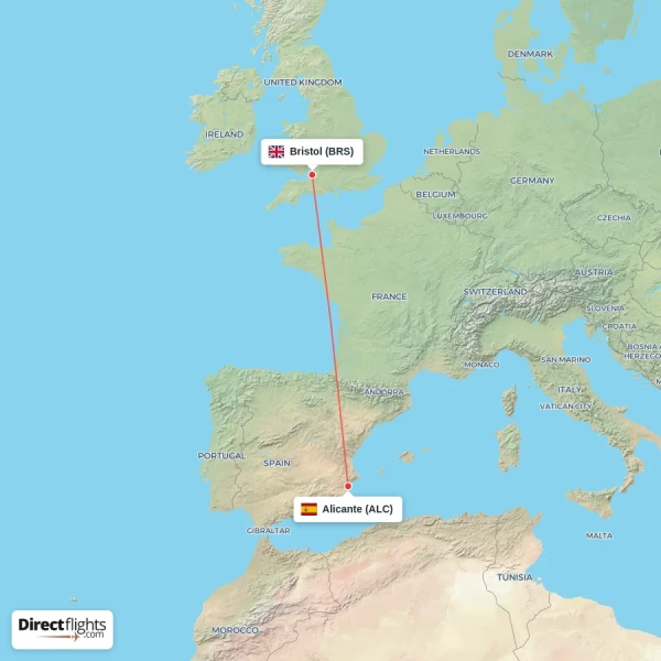 Bristol - Alicante direct flight map