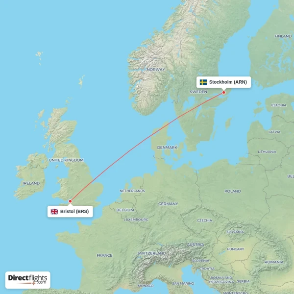 Bristol - Stockholm direct flight map