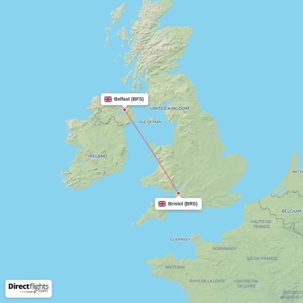Bristol - Belfast direct flight map