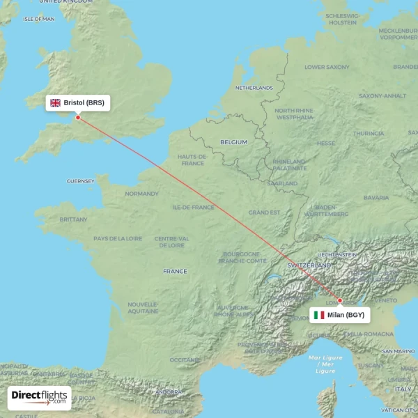 Bristol - Milan direct flight map