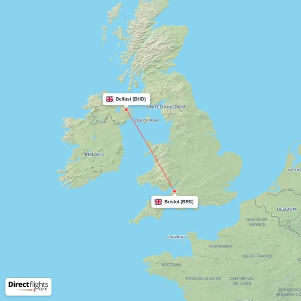 Bristol - Belfast direct flight map