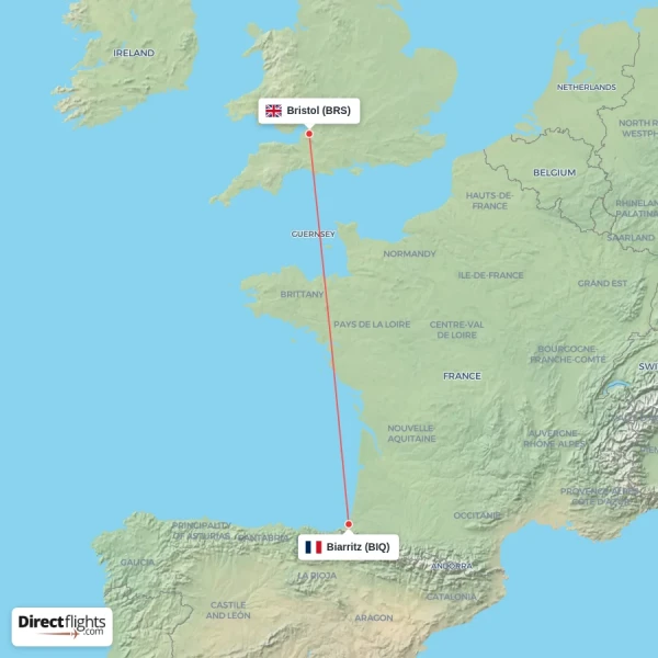 Bristol - Biarritz direct flight map