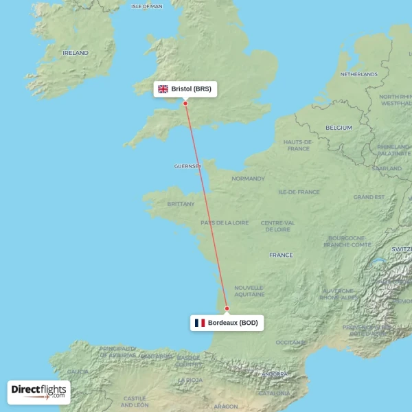Bristol - Bordeaux direct flight map