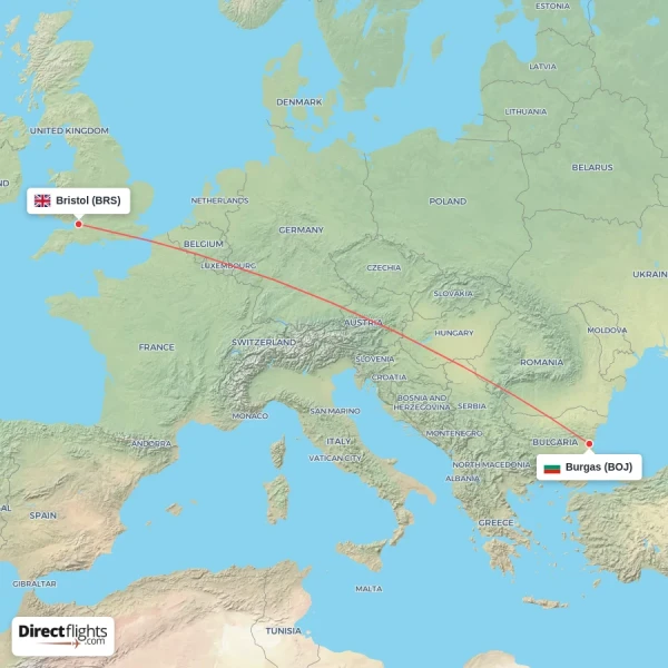 Bristol - Burgas direct flight map