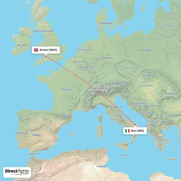 Bristol - Bari direct flight map