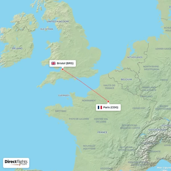 Bristol - Paris direct flight map