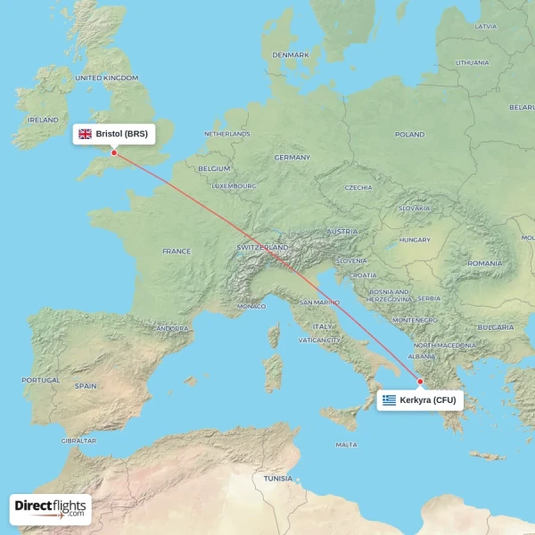 Bristol - Kerkyra direct flight map