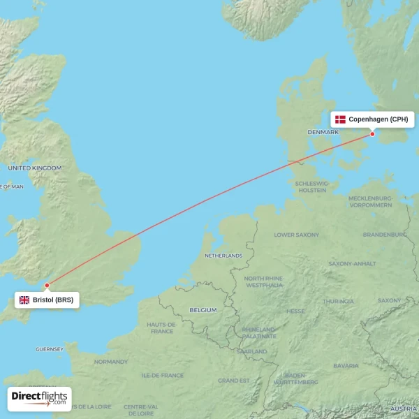 Bristol - Copenhagen direct flight map