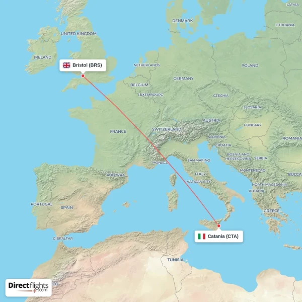 Bristol - Catania direct flight map