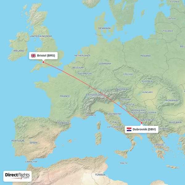 Bristol - Dubrovnik direct flight map