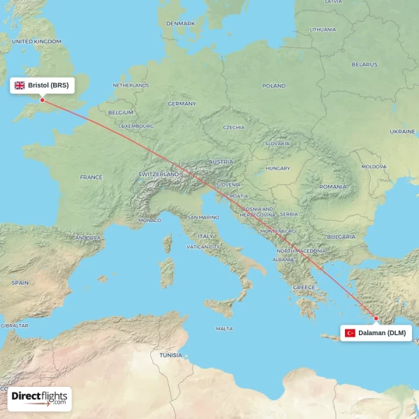 Bristol - Dalaman direct flight map