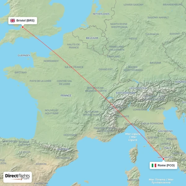 Bristol - Rome direct flight map