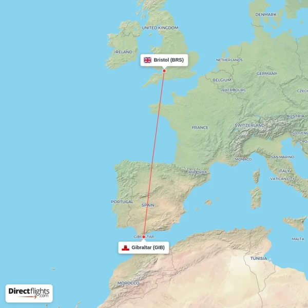 Bristol - Gibraltar direct flight map