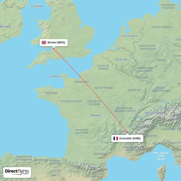 Bristol - Grenoble direct flight map