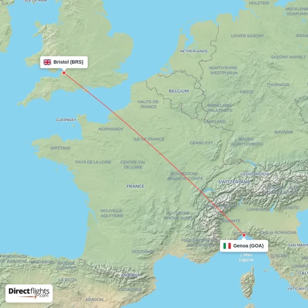 Bristol - Genoa direct flight map