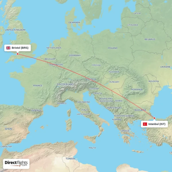 Bristol - Istanbul direct flight map