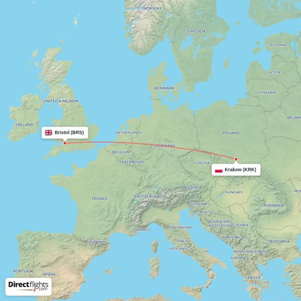 Bristol - Krakow direct flight map