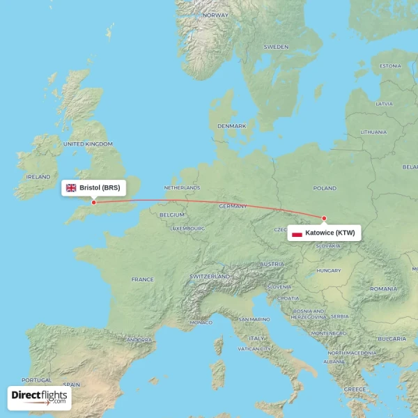 Bristol - Katowice direct flight map
