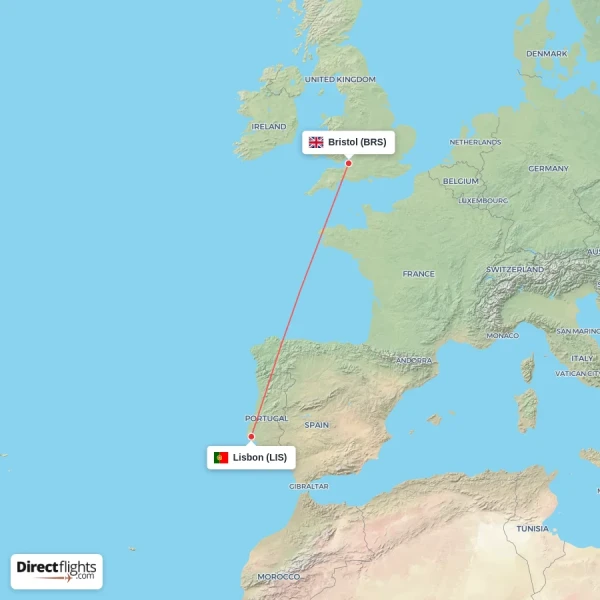 Bristol - Lisbon direct flight map