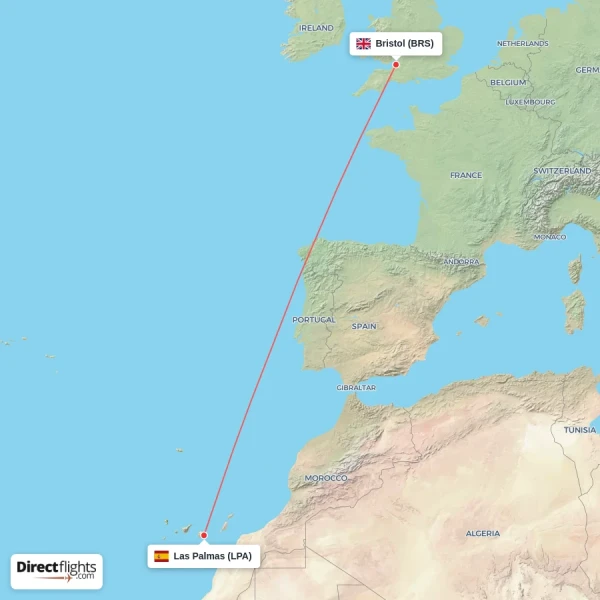 Bristol - Las Palmas direct flight map