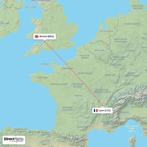 Bristol - Lyon direct flight map