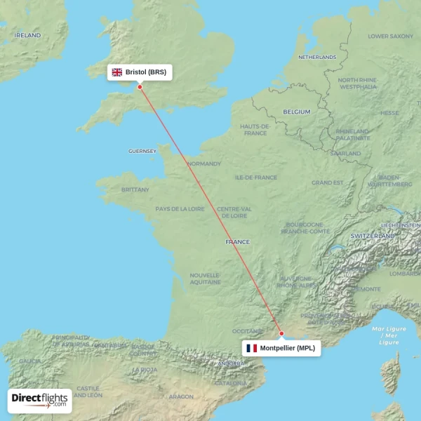 Bristol - Montpellier direct flight map
