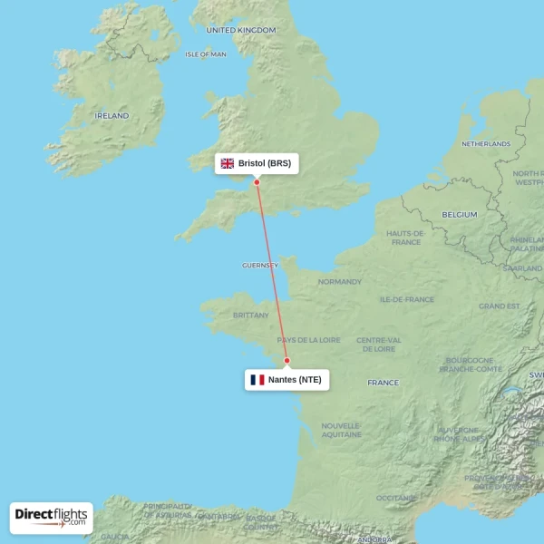 Bristol - Nantes direct flight map