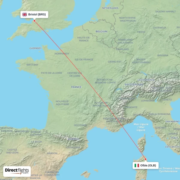 Bristol - Olbia direct flight map
