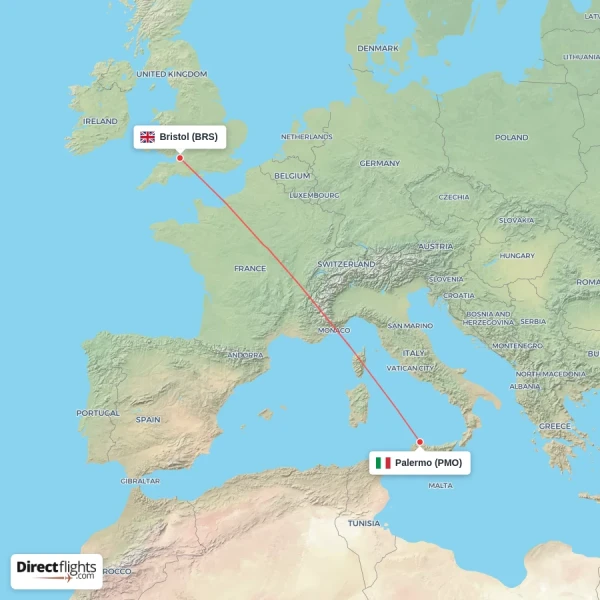 Bristol - Palermo direct flight map
