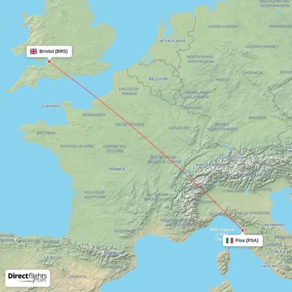 Bristol - Pisa direct flight map