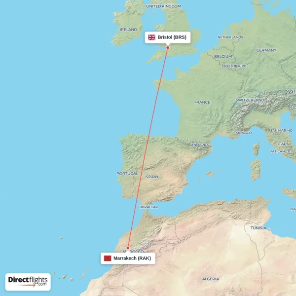 Bristol - Marrakech direct flight map