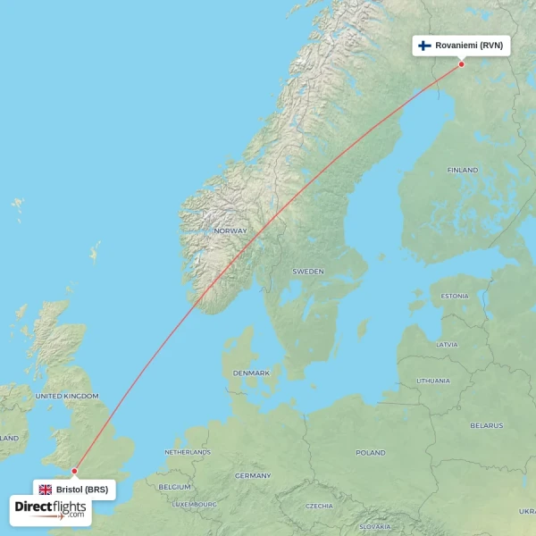 Bristol - Rovaniemi direct flight map