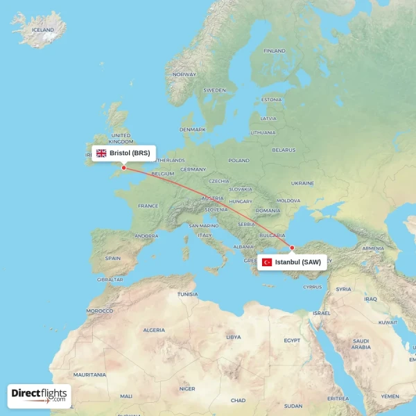 Bristol - Istanbul direct flight map