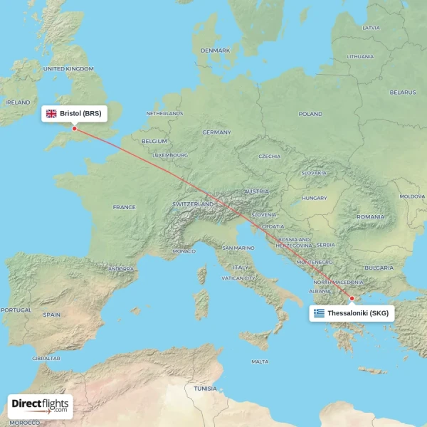 Bristol - Thessaloniki direct flight map
