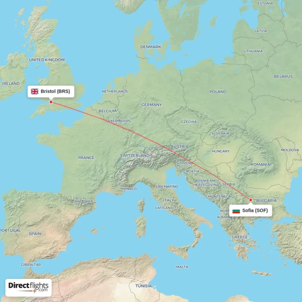 Bristol - Sofia direct flight map