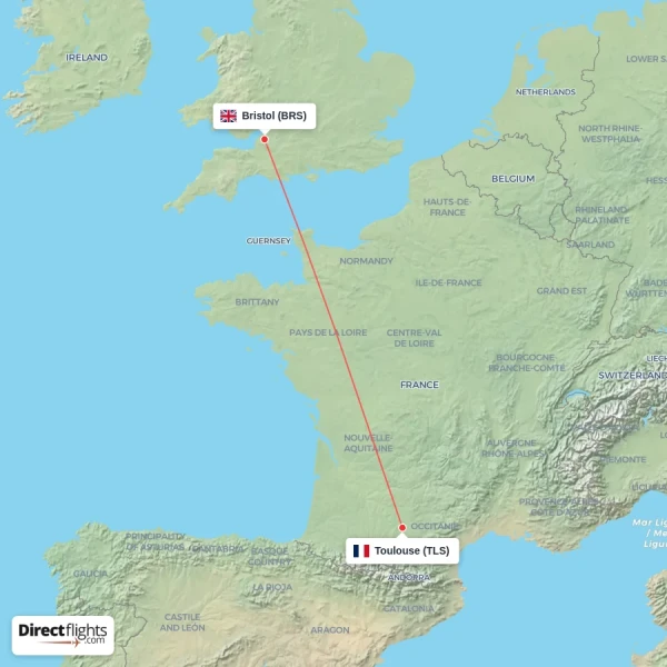 Bristol - Toulouse direct flight map