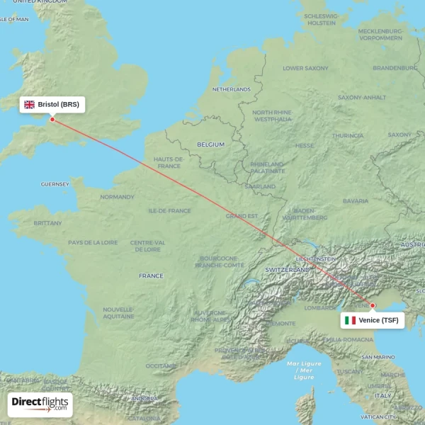 Bristol - Venice direct flight map