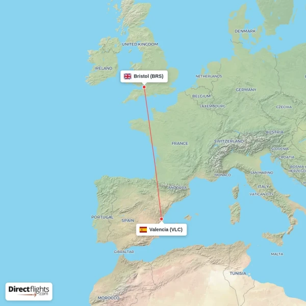 Bristol - Valencia direct flight map