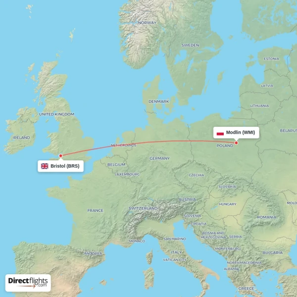 Bristol - Modlin direct flight map
