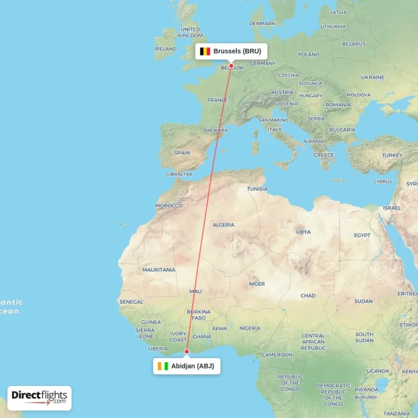 Brussels - Abidjan direct flight map