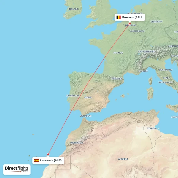 Brussels - Lanzarote direct flight map